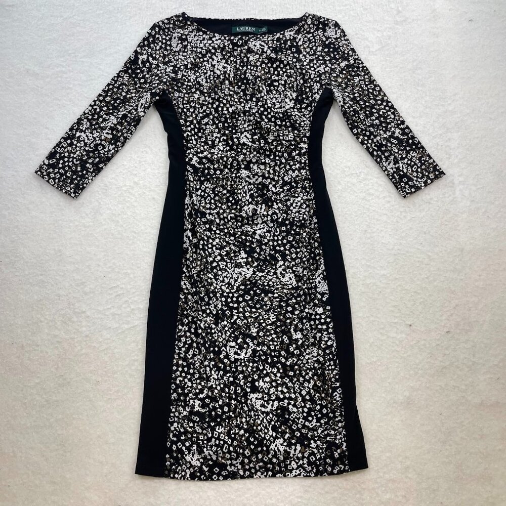 Lauren Ralph Lauren Women’s Black Sheath Leopard Print Stretch Jersey Dress Sz 2
